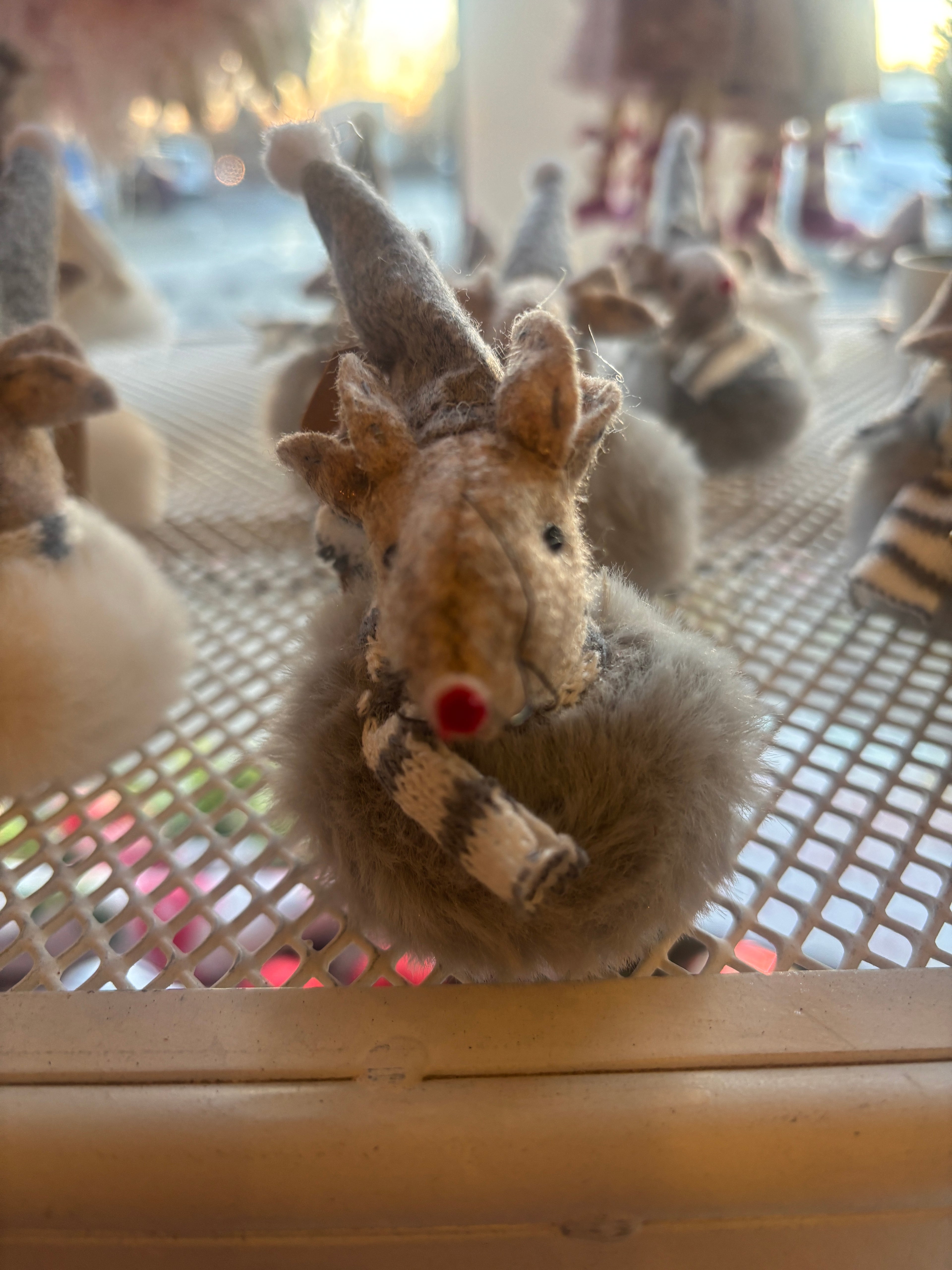 fluffy grey puff ball mouse with tall hat and scarf xmas decoration