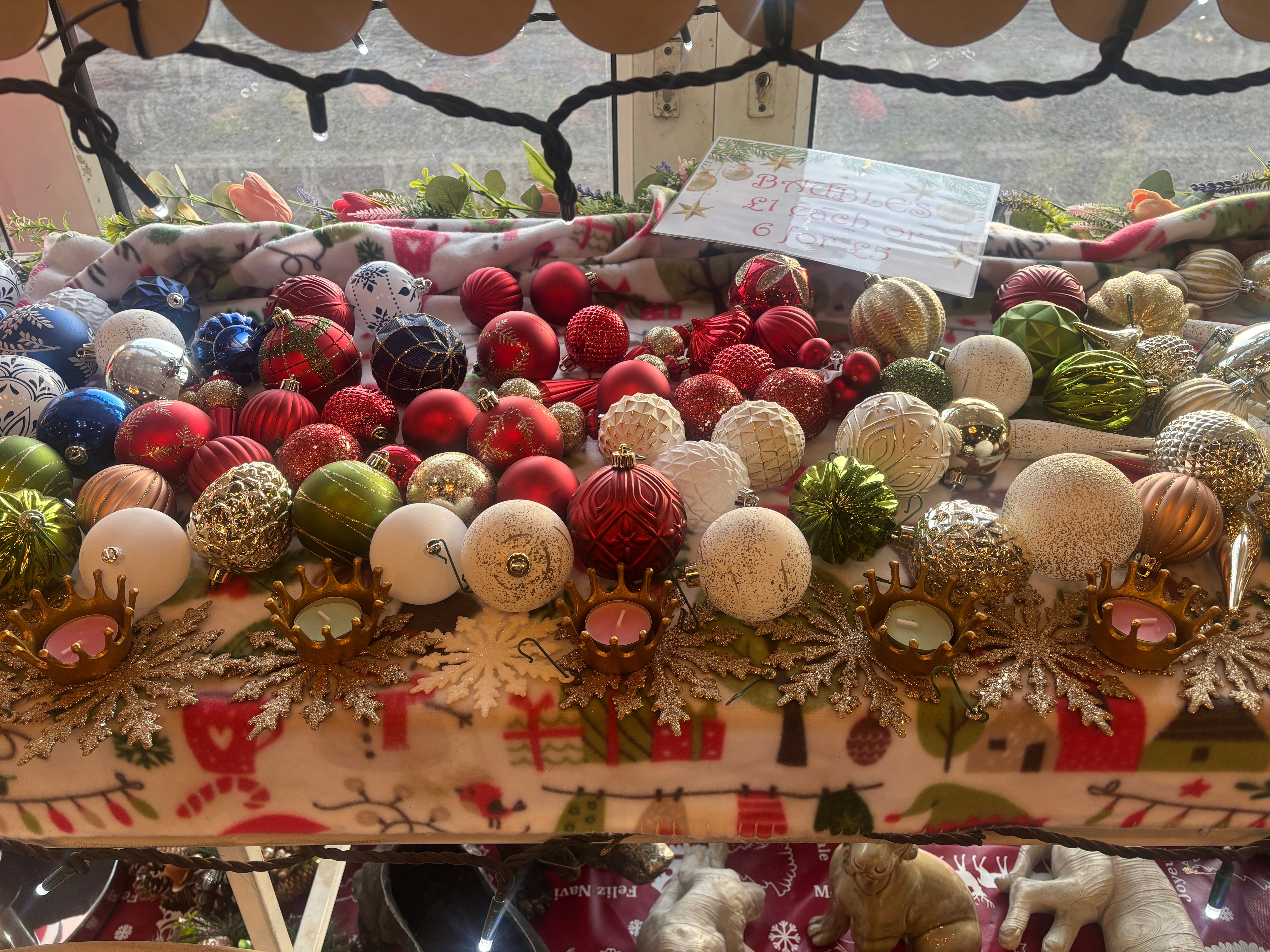 Selection of xmas baubles mixture of shapes, styles and colours 