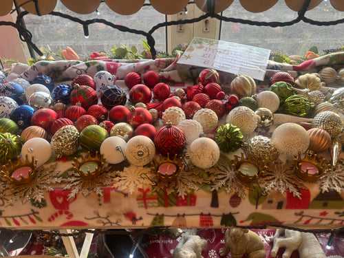 Selection of xmas baubles mixture of shapes, styles and colours 