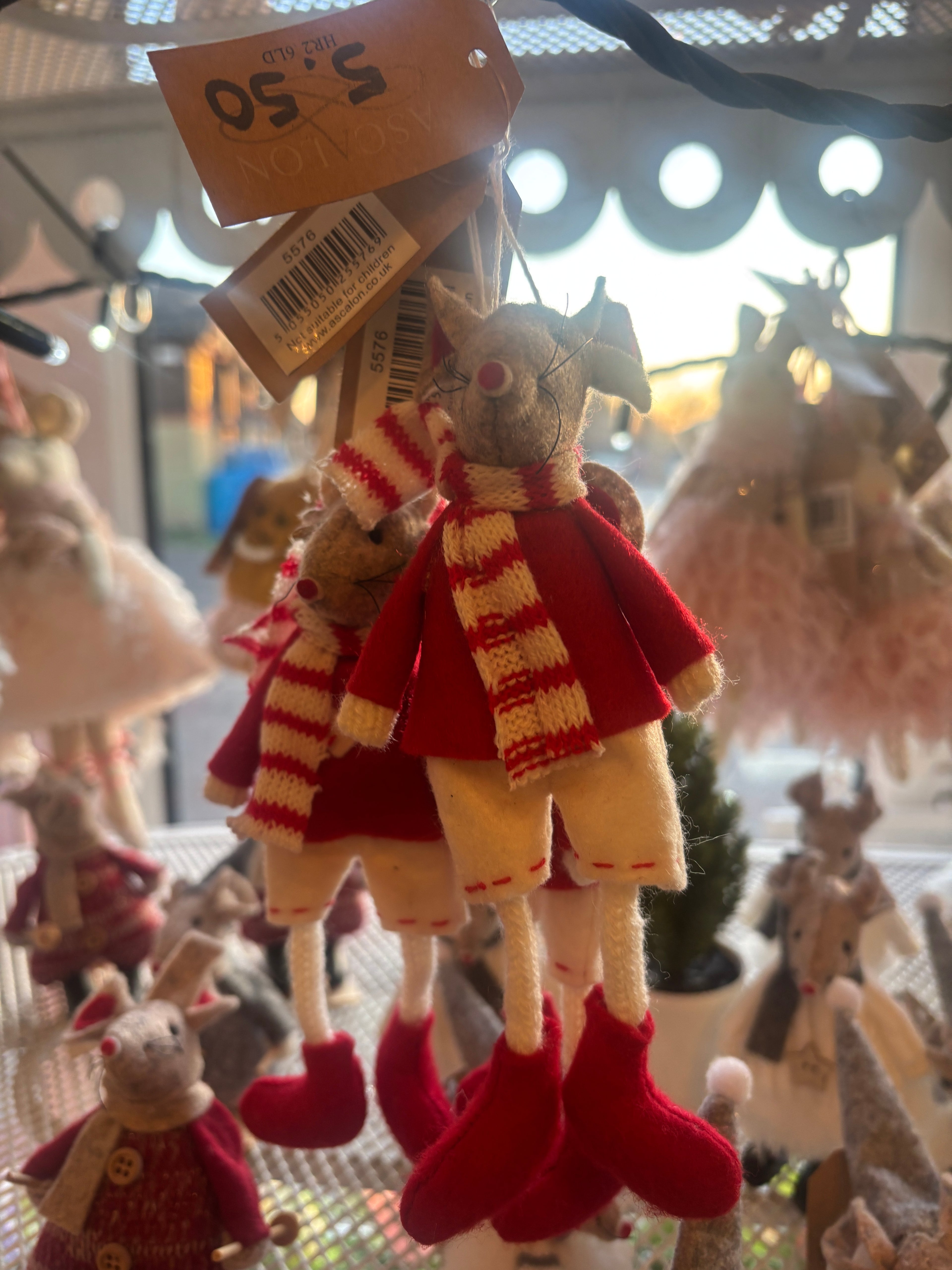 Christmas mouse with red jumper and white shorts and red boots with red and white scarf xmas tree decoration