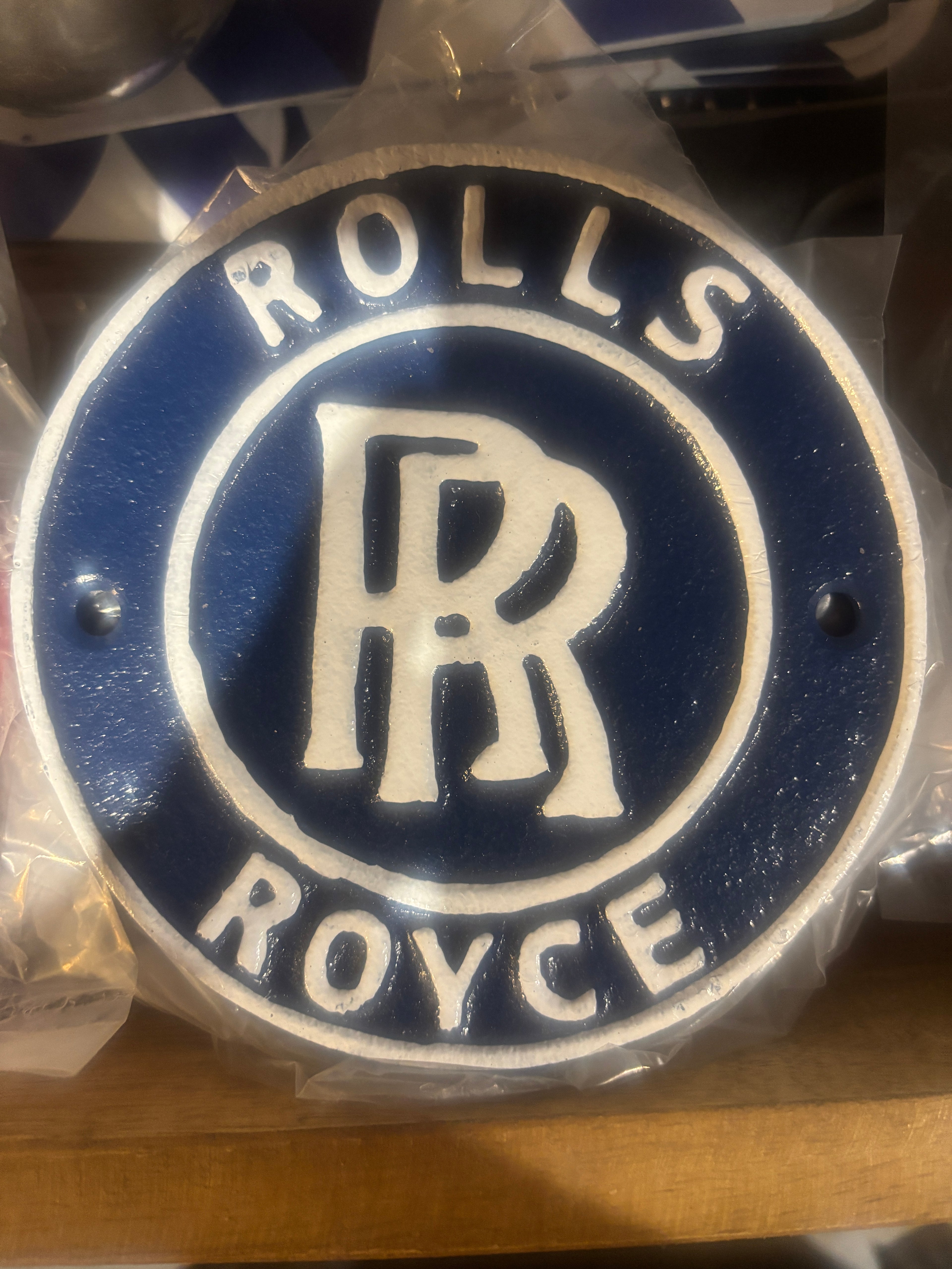 Rolls-Royce logo on a blue background cast metal plaque