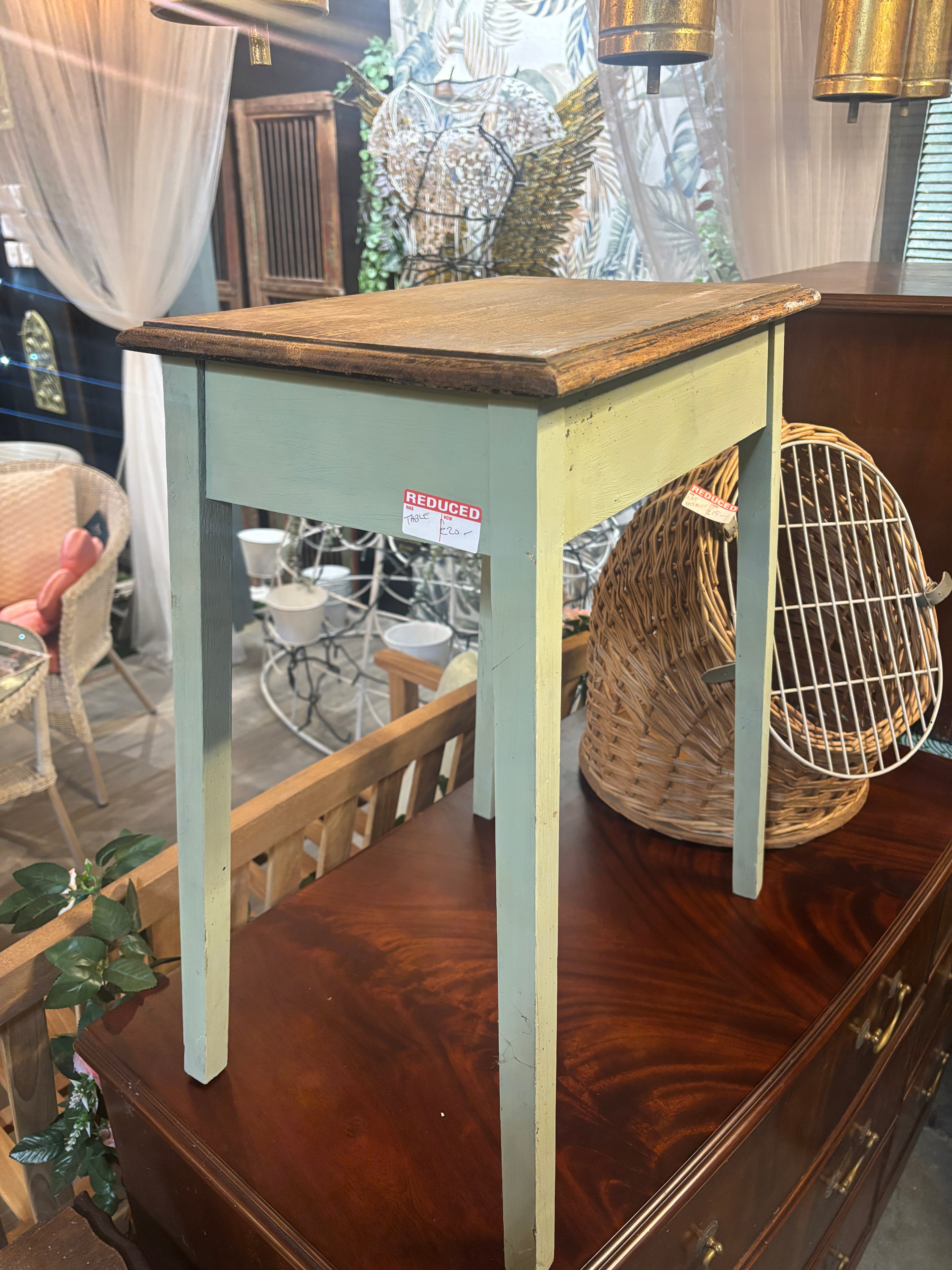 Small green Console Table with wooden top