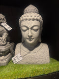 Stone Buddha statue with a tag on a grassy background