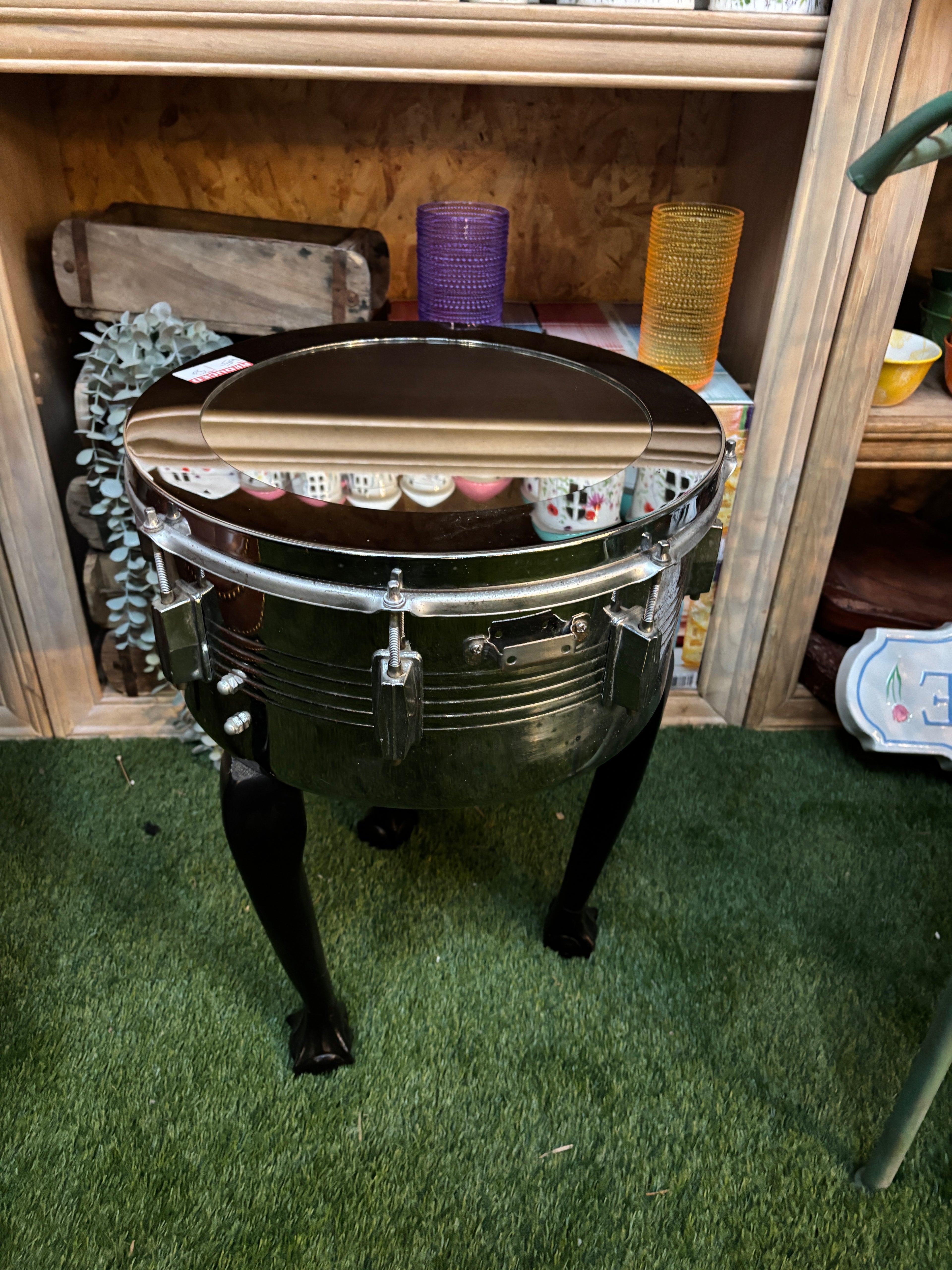 Vintage Mirror Topped Drum Table